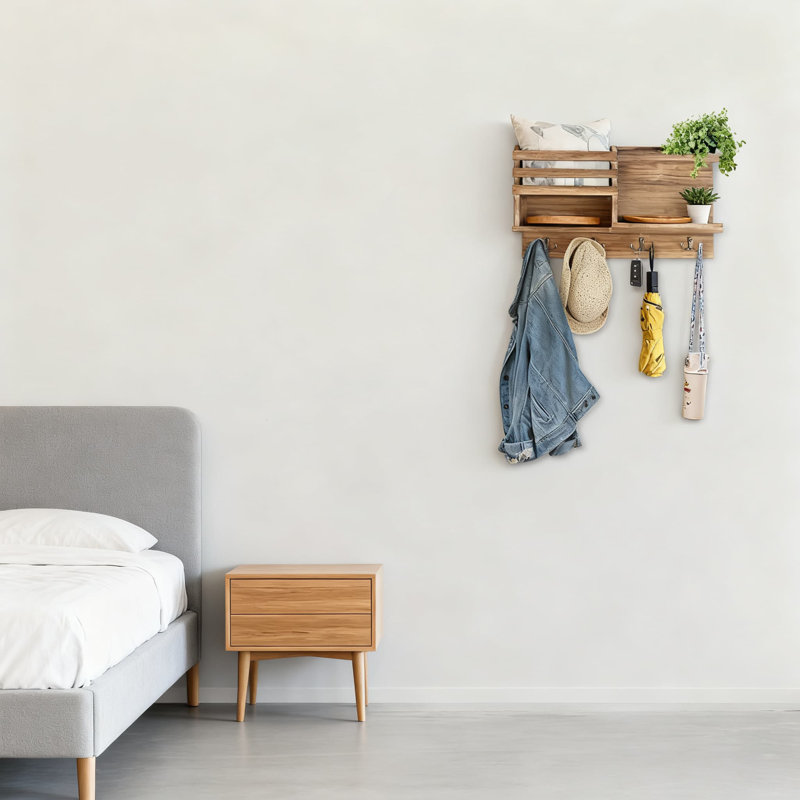 Porte-clés mural avec 4 crochets, courrier en bois massif et porte-clés pour l'entrée, fixation auto-adhésive ou perceuse, solution de rangement polyvalente pour la décoration intérieure