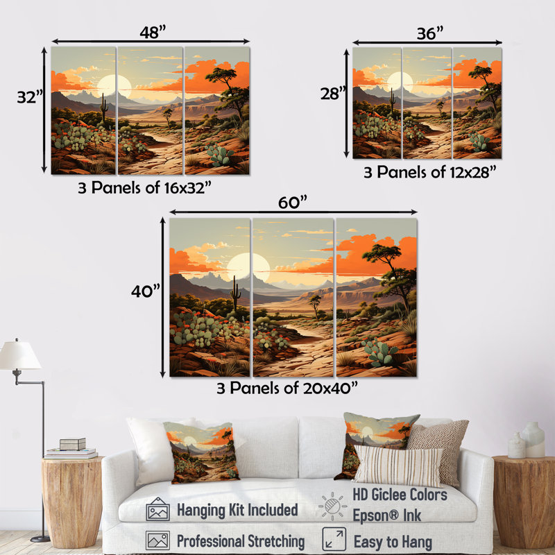Cactus charme dans un paysage de montagne - ensemble d'art sur toile floral cactus, Toile tendue, H 28 po x l 36 po x P 1 po