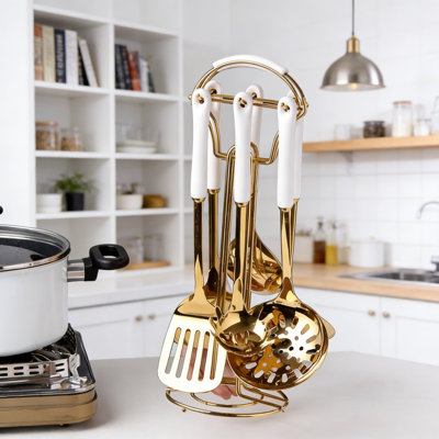 Ensemble d'ustensiles de cuisine 7 pièces en acier inoxydable avec support à suspendre, comprenant une cuillère rainurée, une spatule, une louche, et plus encore pour cuisiner et servir