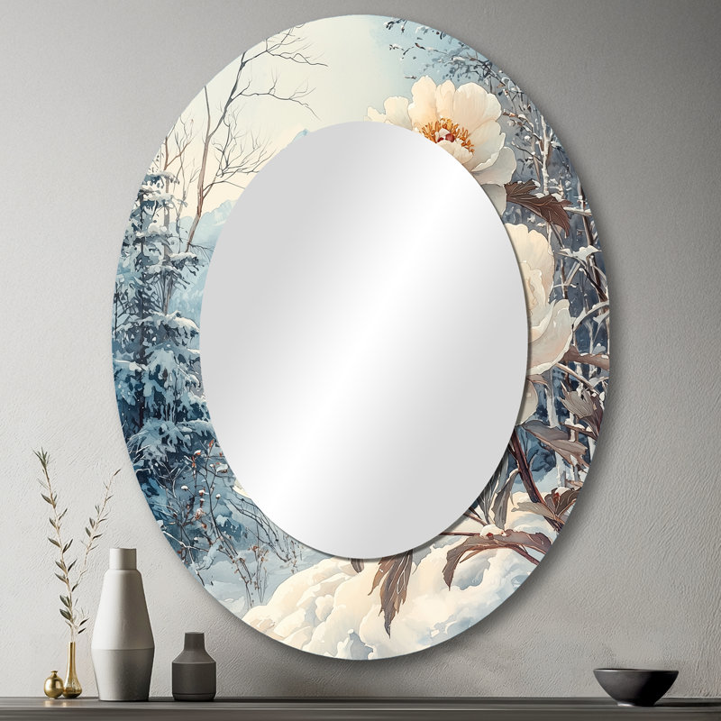Snow Capped Peonies Into The Forest II - Large Oval Wall Mirror On Metal, 43" x 33"