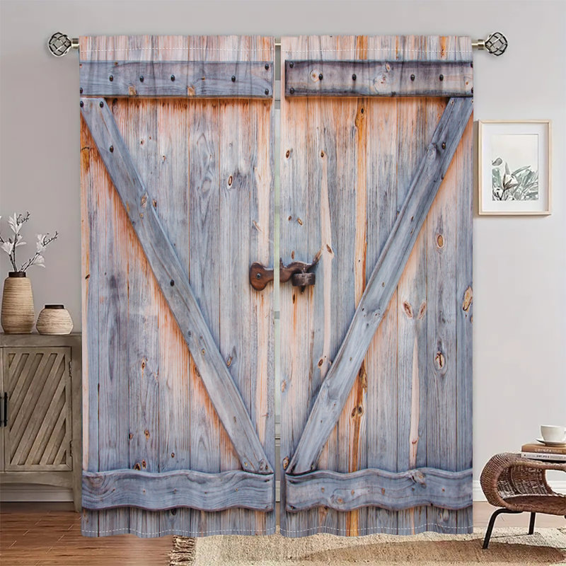 Pcs Rustic Barn Door Design Curtains Rod Pocket Farmhouse Style Window Treatment Panels Country Vintage Wooden Pattern Drapes for Living Room Bedroom Kitchen Dining Home Decor