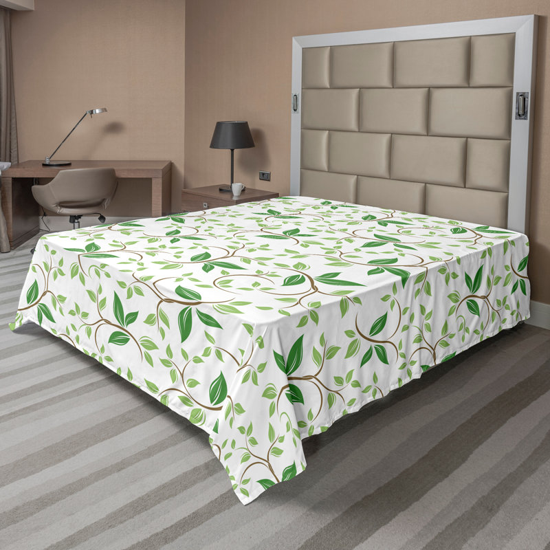 Ambesonne Nature Top Flat Sheet Glisten Fish Sunlight, Queen Flat Sheet, Green Brown Floral