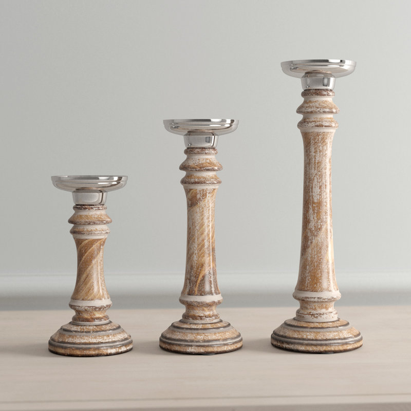 Elegant Mango Wood 9'' Traditional Candlestick Set in Brown