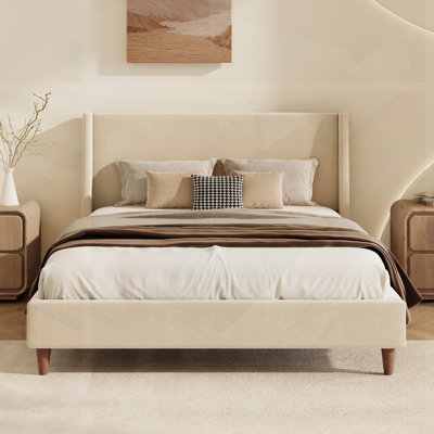 Modern Beige Velvet Upholstered Platform Bed With Wingback Headboard, Walnut Legs, No Box Spring Needed