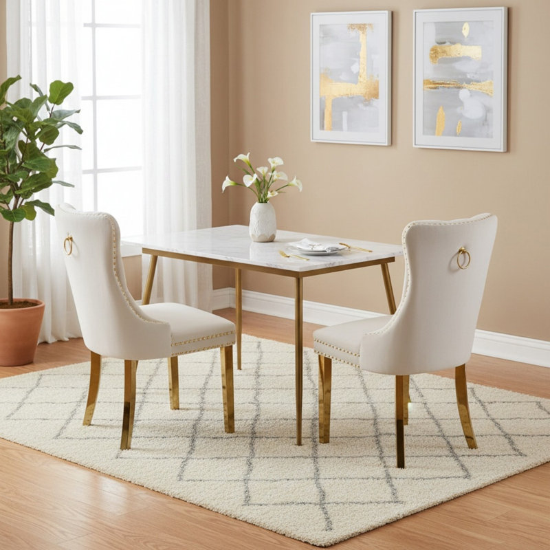 Ensemble de 2 chaises de salle à manger rembourrées en velours avec pieds en acier inoxydable, chaise d'appoint Parson avec garniture cloutée