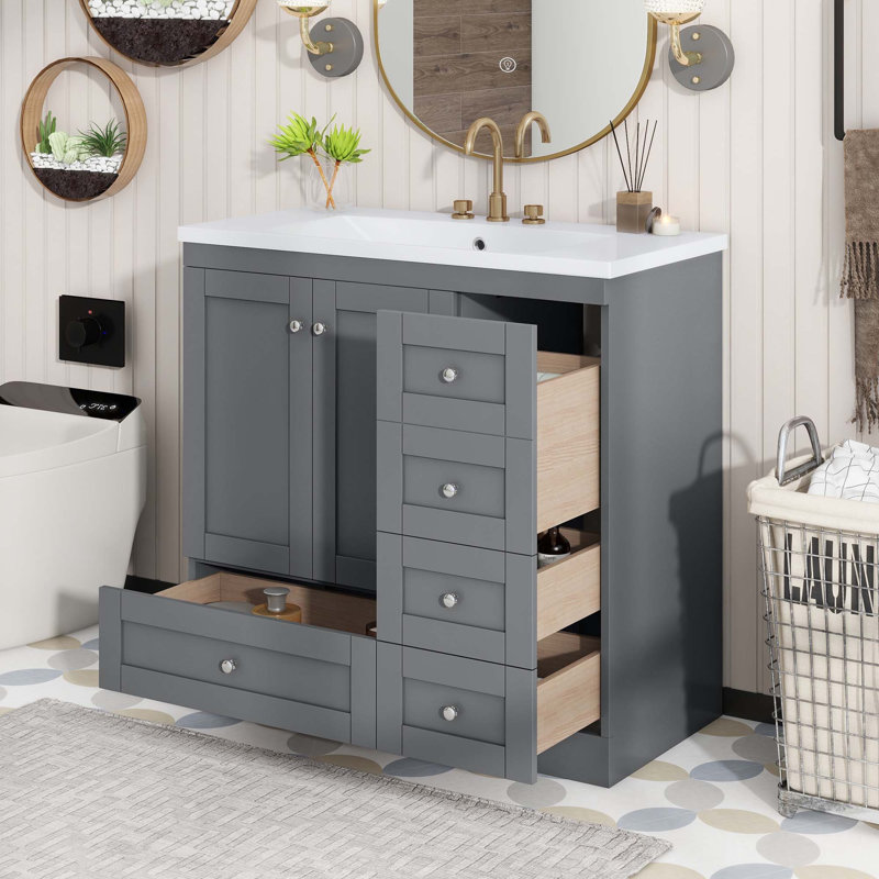 Meuble-lavabo autoportant de style Shaker avec lavabo, 4 tiroirs à fermeture en douceur et 2 portes à fermeture en douceur