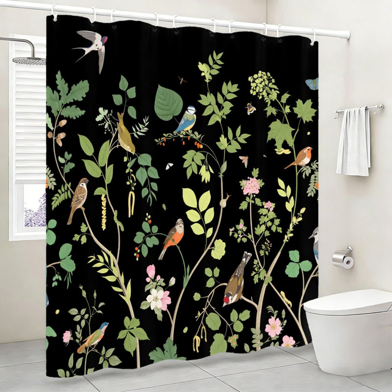 Background Bird Floral Shower Curtain Apartment Washroom Black Dark 72 x 72 inch