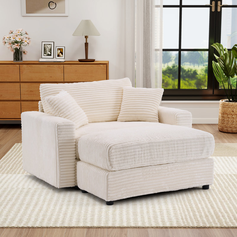 56.30"w Oversized Corduroy Accent Chair With Ottoman And Pillows – Perfect For Living Room Or Bedroom, Beige
