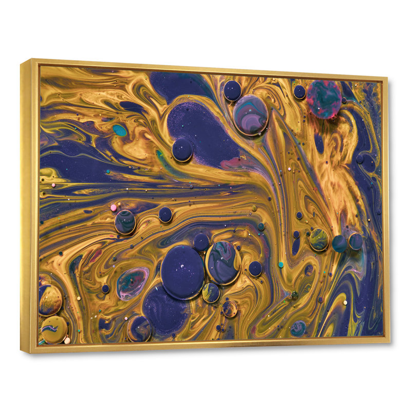 Art en acrylique jaune et bleu, H 24 po x l 36 po x P 1,5 po, Toile avec cadre flottant or