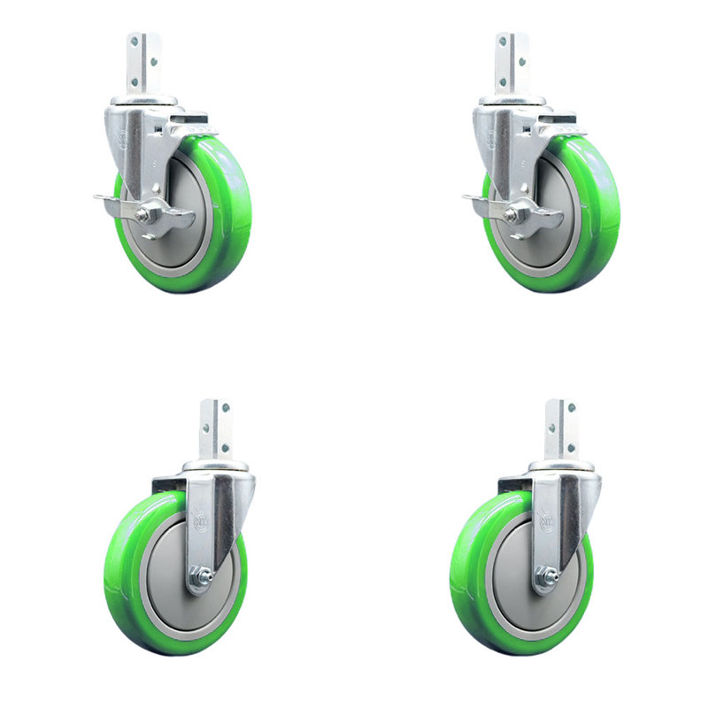 Ensemble de roulettes à tige carrée 5 po en polyuréthane pivotant 7/8 po 2 freins, Vert