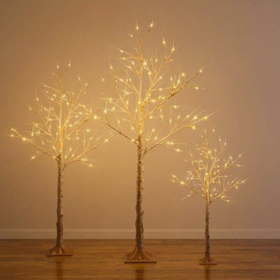 Set of 3 LED Birch Tree Lights with Warm White LEDs, Bendable Branches, 72/96/156 Lights, 16 ft Power Cord