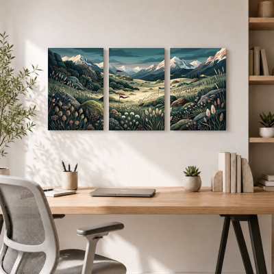 Art mural sur toile avec champ de fleurs sauvages et montagnes enneigées avec drapeaux