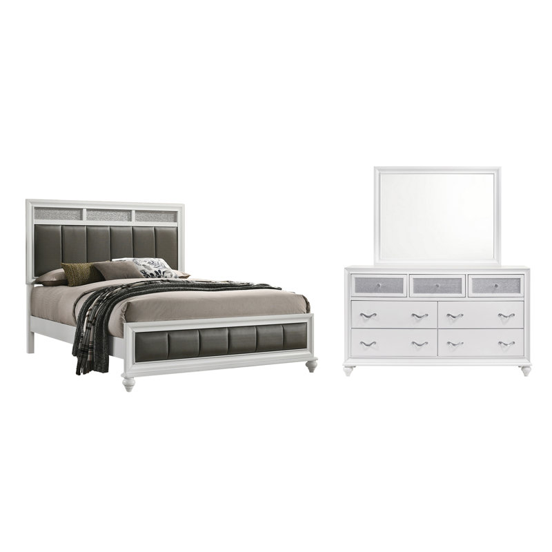 Ensemble de chambre à coucher 3 pièces avec commode et miroir Momen, Grand, Blanc / gris