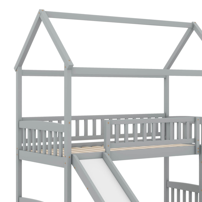 House Bunk Bed With Slide For Kids,Wood Twin Over Twin Bunk Beds With Slide, Floor Bunk Beds For Girls, Boys, Gray