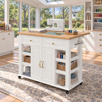 42.1" Craft Table with Storage, 18.6"–28.5" Expandable Folding Top, 2 Drawers, Cabinet, 6 Open Shelves and Casters