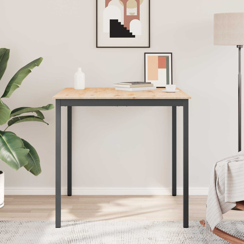 Solid Wood Top Metal Base Dining Table, Natural, Black, 105cmH x 110cmL x 110cmW