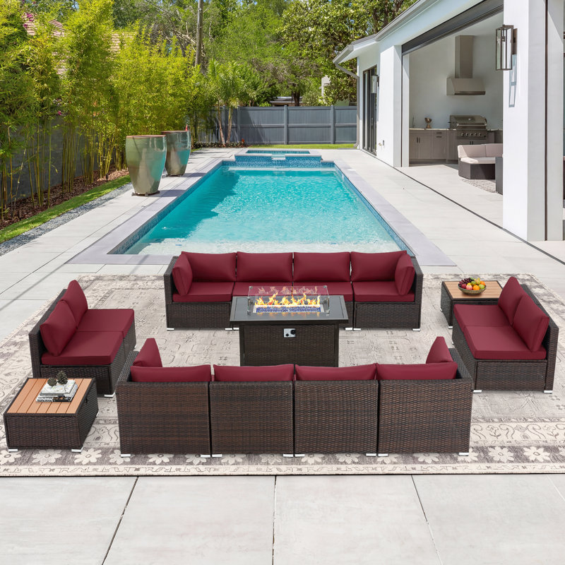 12 - Person Outdoor Wicker Patio Conversation Furniture Set with Fire Pit Table, Wine Red