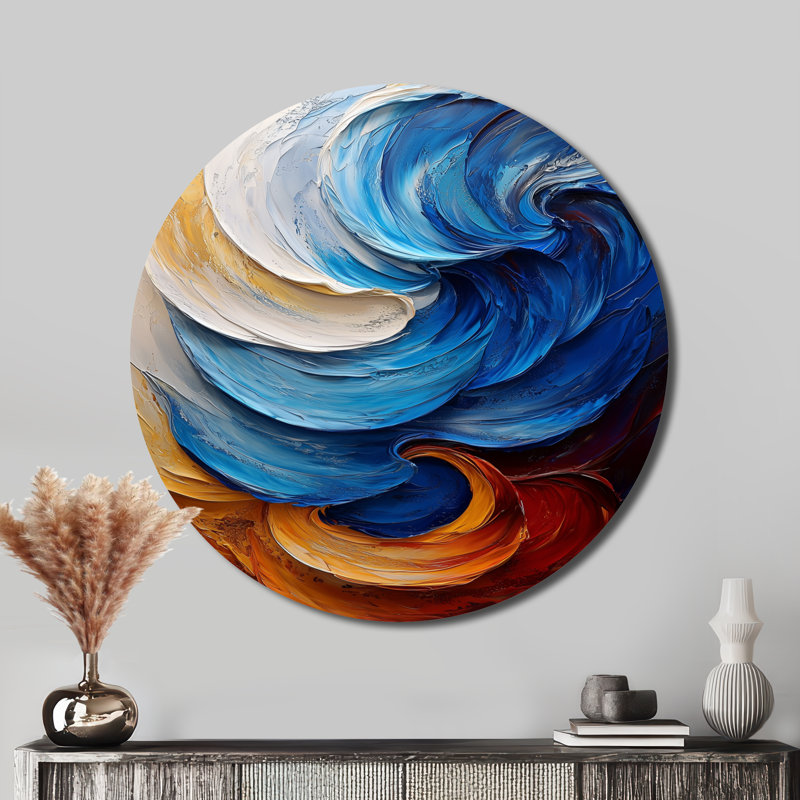 Modern Abstracy Waves Golden Harmony I - art mural rond en métal Modern Waves, H 23 po x l 23 po