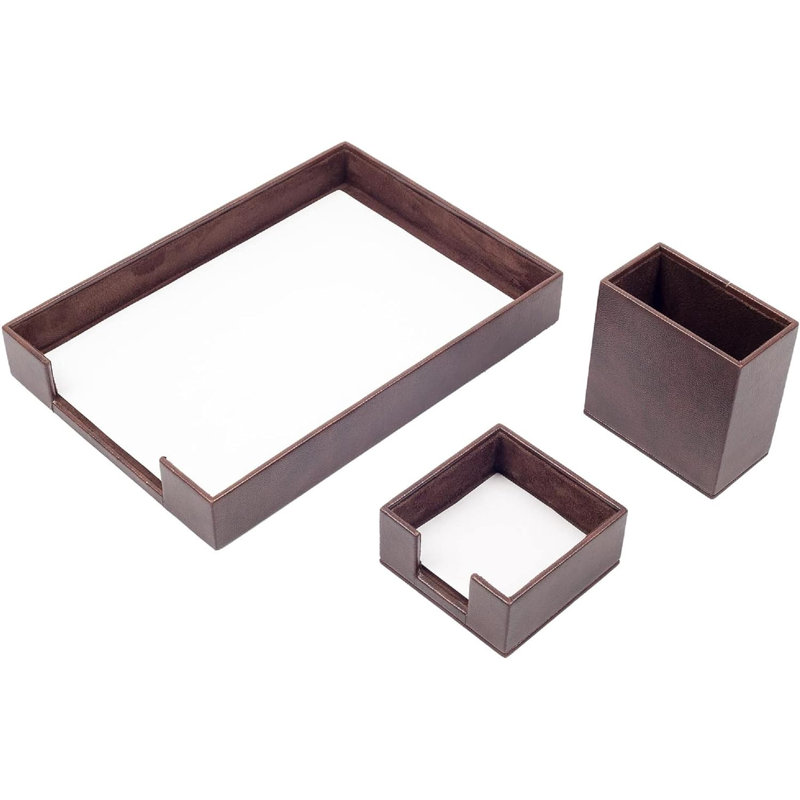 Michieal Leather / Faux Leather Desk Organiser Set, Brown