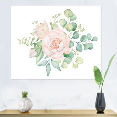 " Bouquet of Pink Rose Flowers Eucalyptus Leaves I " Painting