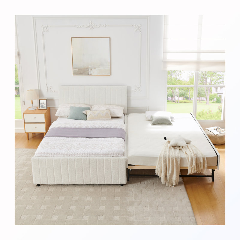 Lit double tapissier escamotable avec lit gigogne caché, Beige, Full / Double