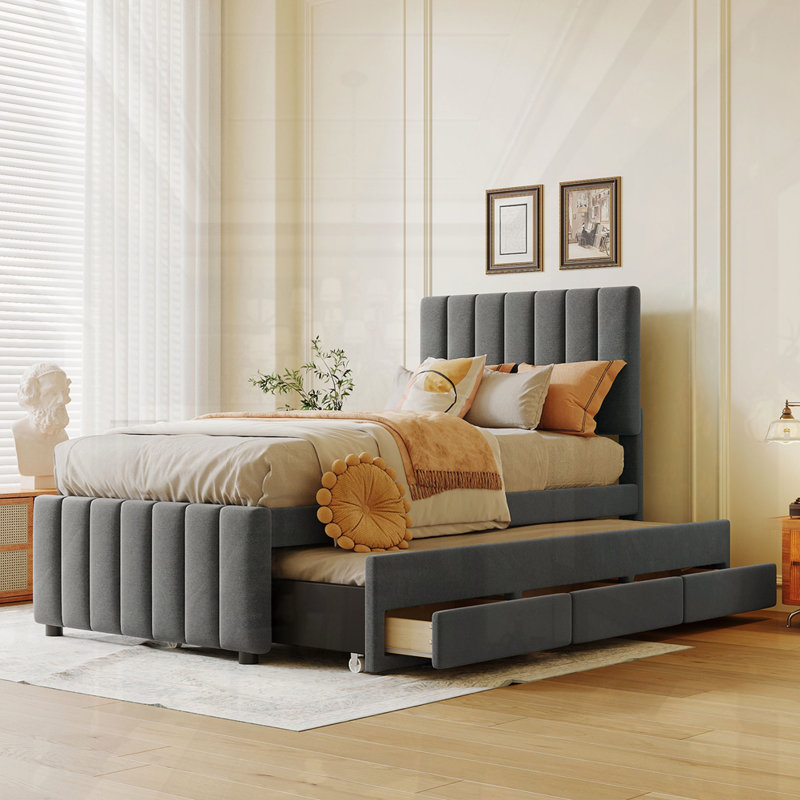 Lit plateforme tapissier simple avec lit gigogne et tiroirs, Gris
