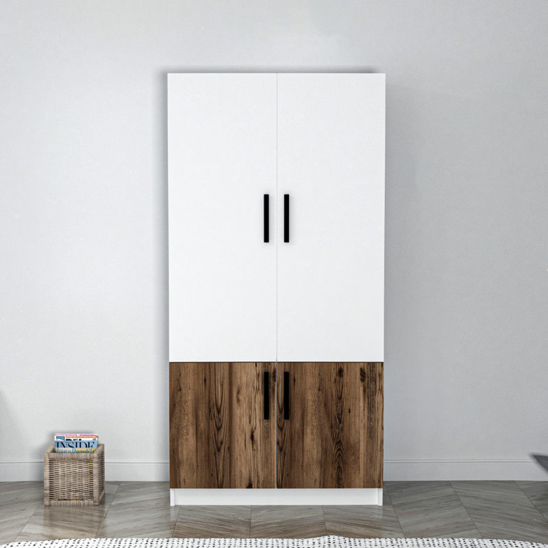 Berend 4 Door Manufactured Wood Wardrobe, 190cm H x 56cm W x 25cm D, Light Walnut/White