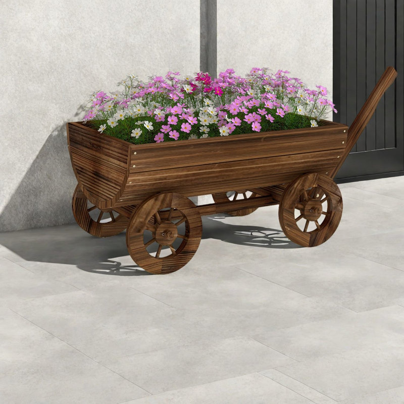 Mobile Planters, Carbonized Wood Rustic Farmhouse Wagon For Garden