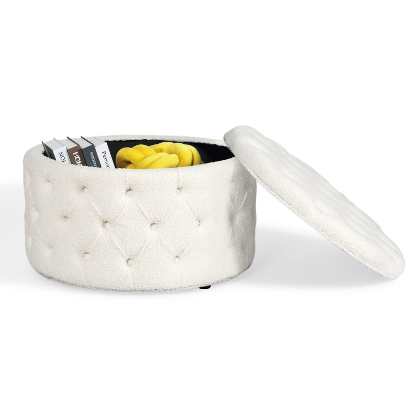 Amram Tufted Round Storage Ottoman, White Teddy Velvet