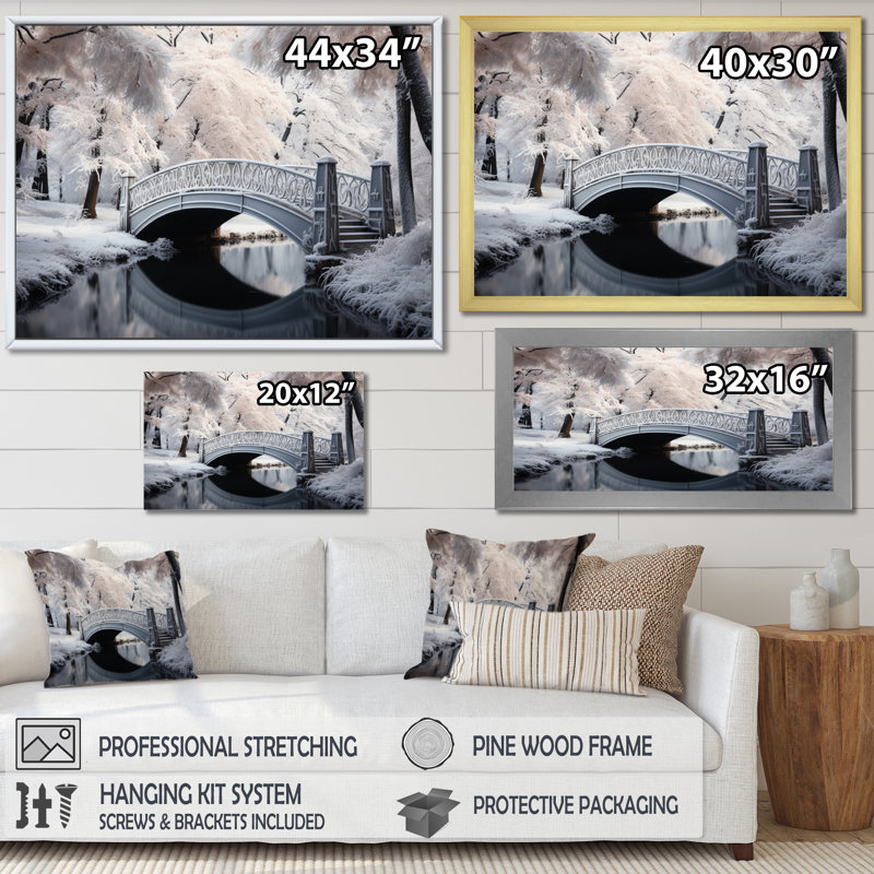 Pont blanc en hiver II - reproduction sur toile, Cadre doré simple, H 12 po x l 20 po x P 1 po
