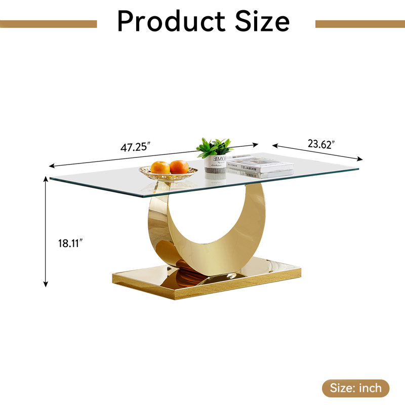 Luxury Glass Coffee Table, 47.25" Sofa Coffee Table with Moon-Shape Stainless Steel Frame and Clear Glass Top, Modern Rectangular Cocktail Table for Living Room