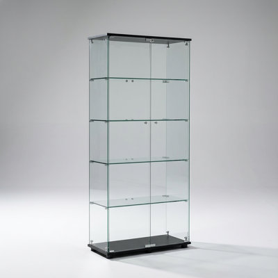 Modern Glass Display Cabinet with Lockable Double Doors and 5 Adjustable Shelves, Floor Standing Tempered Glass Bookshelf for Living Room, Bedroom, or Office, Black Frame