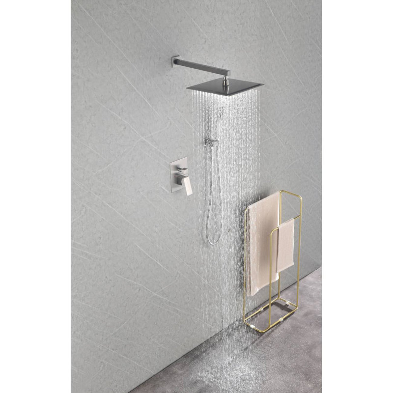 Shower System With Shower Head, Hand Shower, Hose, Valve Trim, Lever Handles And Niche, Brushed Nickel