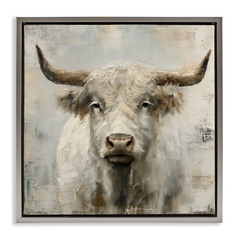 "Fluffy Longhorn" par Fluffy, H 18 po x l 18 po, Cadre flottant gris lustré