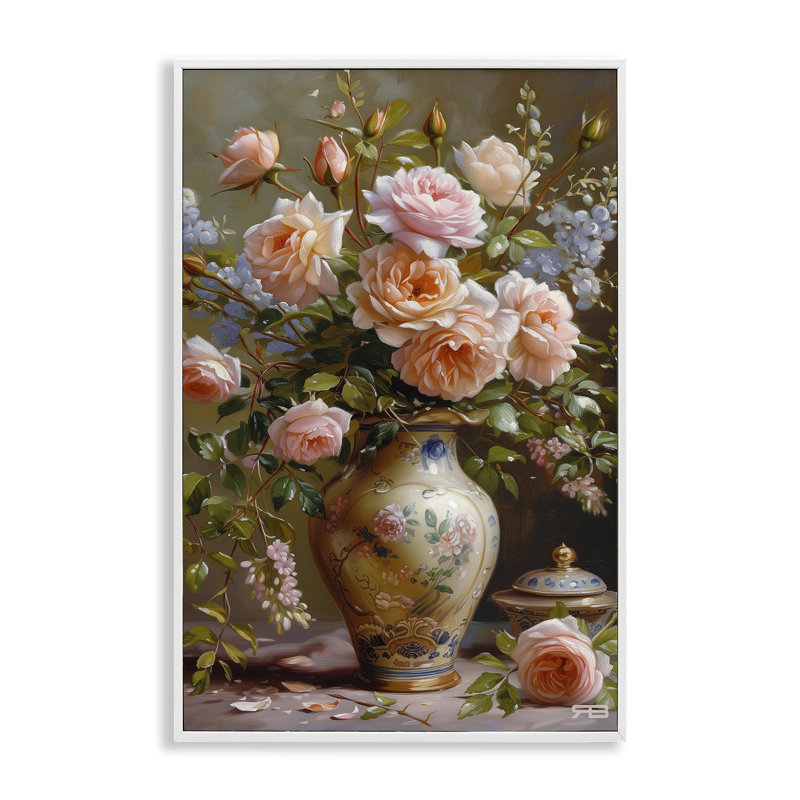 Roses dans un vase traditionnel gris, estampe numérique par Roozbeh Bahramali, Estampe numérique encadrée blanc bord de mer