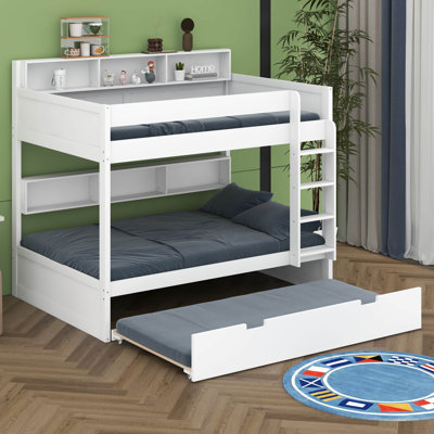 Lit superposé avec rangement et lit gigogne, structure de lit superposé en bois peu encombrante avec tablettes de chevet