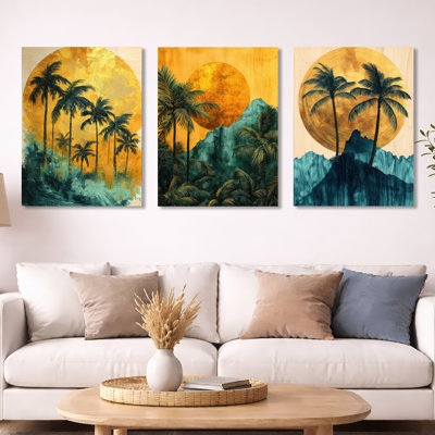 Emerald Palm Trees on Golden Tropical Sunrise I – Palms 3 Piece Metal Wall Decor Print