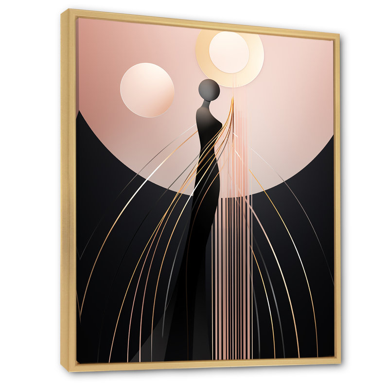 Art nouveau, pleine lune, silhouettes - impressions géométriques murales modernes, Cadre naturel flottant, 40" H x 30" W