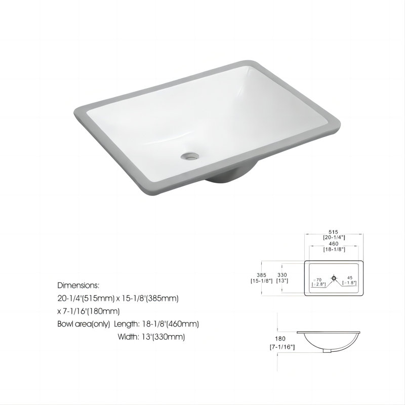 Lavabo de salle de bain rectangulaire encastré en céramique blanche Topcraft