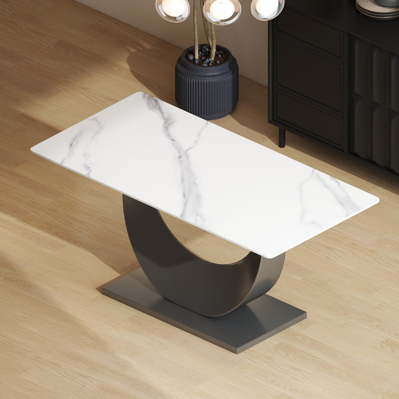 Table de salle à manger rectangulaire moderne en pierre frittée avec base piédestal, Blanc