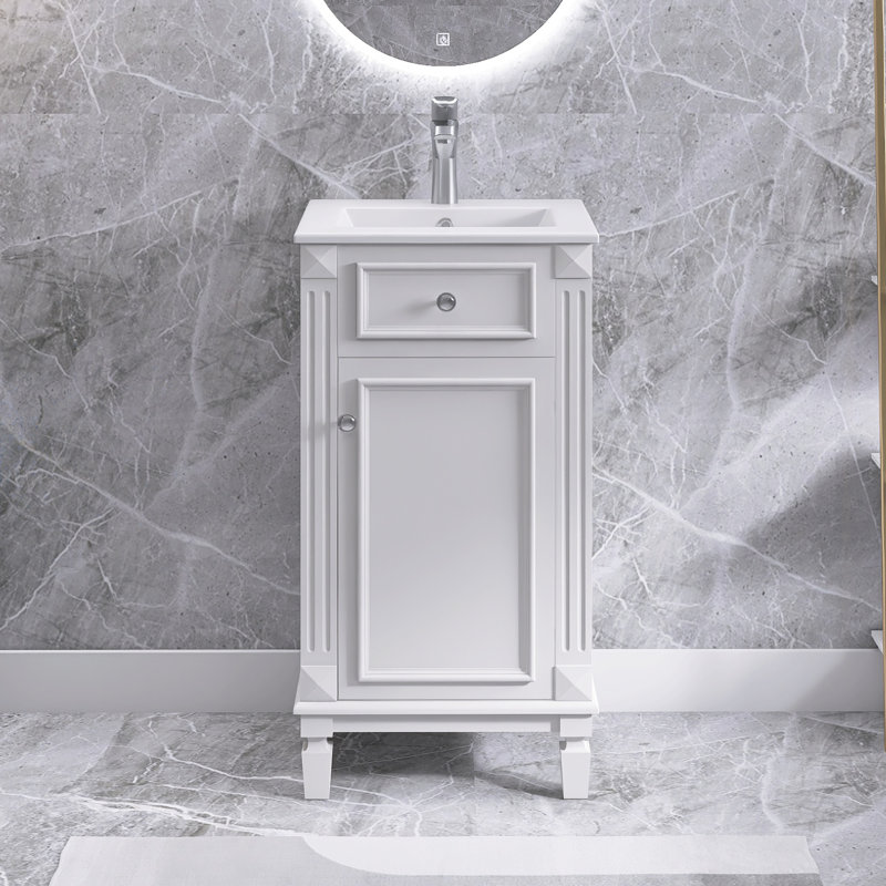 Meuble-lavabo simple blanc autoportant de 18 pouces avec lavabo en céramique, avec porte à fermeture douce, tablette réglable
