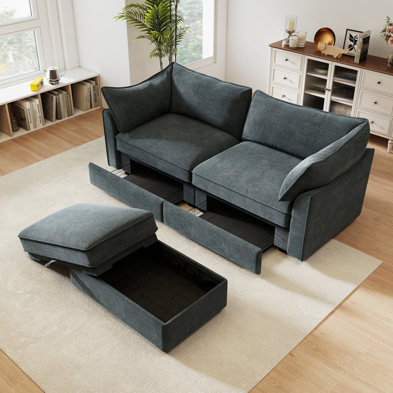 Luxueux canapé rembourré en chenille avec rangement intégré et design en forme de croissant pour les salons modernes, Gris