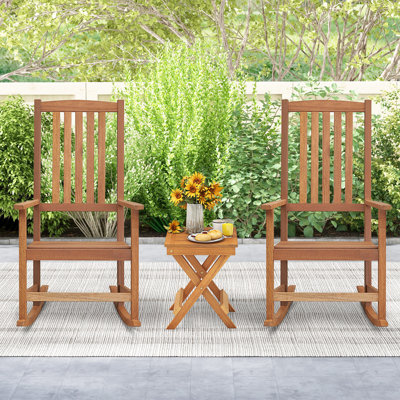 Costway Wood Folding Square Table & 2pcs Rocking Chair Set With Slatted Seat & Tabletop