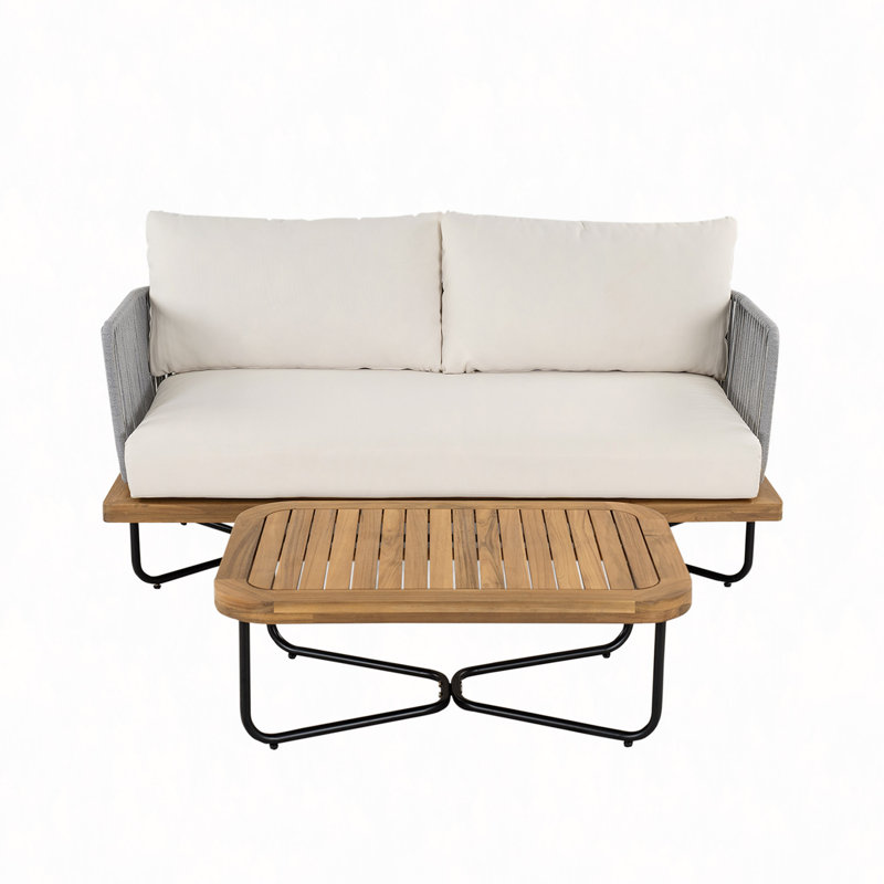 Causeuse et table d'extérieur en bois d'acacia tissé avec corde, Beige