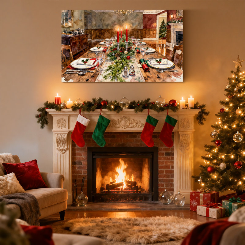 Table de Noël avec bougies et verdure, ensemble de 3 impressions sur toile, H 16 po x l 24 po