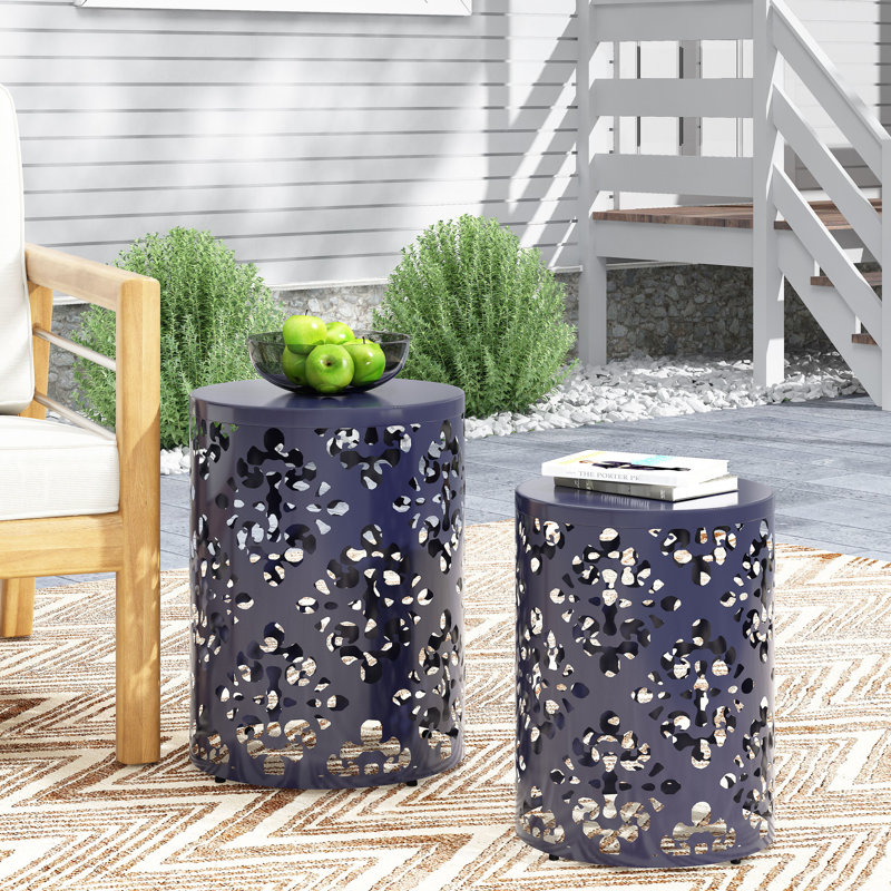 Navy Blue Metal Accent Table - Modern Iron Cut Feature, Powder-Coated Frame, Ready To Place S/2 Tables Detail In Blue, Instant Setup