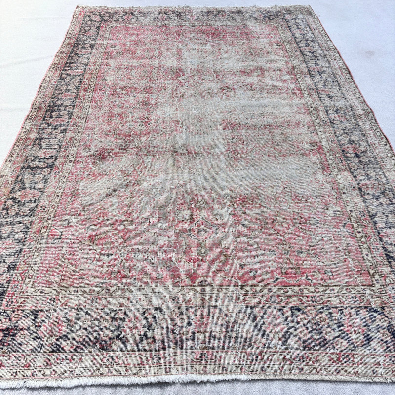 Tapis rétro en laine rose, patchwork 79,9 x 123,6 pouces