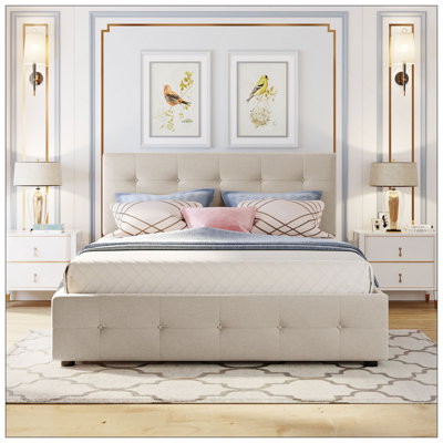 Lit plateforme tapissier avec tête de lit classique et 4 tiroirs, aucun sommier nécessaire, tissu en lin, grand