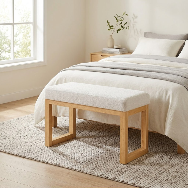 Modern Upholstered Shoe-Changing Bench, Solid Wood Frame, Soft Seat, Compact Entryway Stool for Foyer and Hallway, Beige
