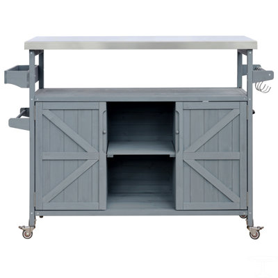 Îlot de cuisine extérieur, chariot à roulettes et armoire de rangement, table de barbecue d'extérieur en bois massif avec plateau en acier inoxydable, porte-épices, porte-serviettes